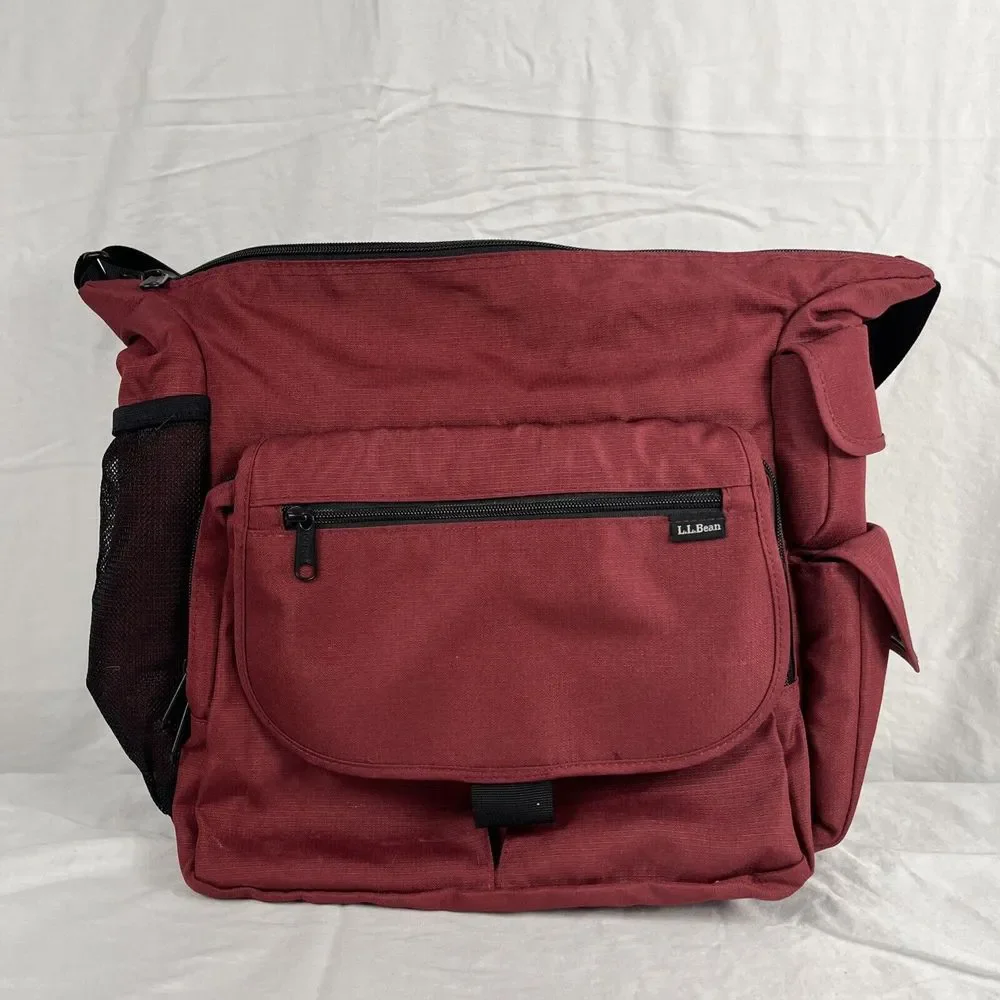 LL Bean Biege Red Zip‎ Up Crossbody Messenger Bag